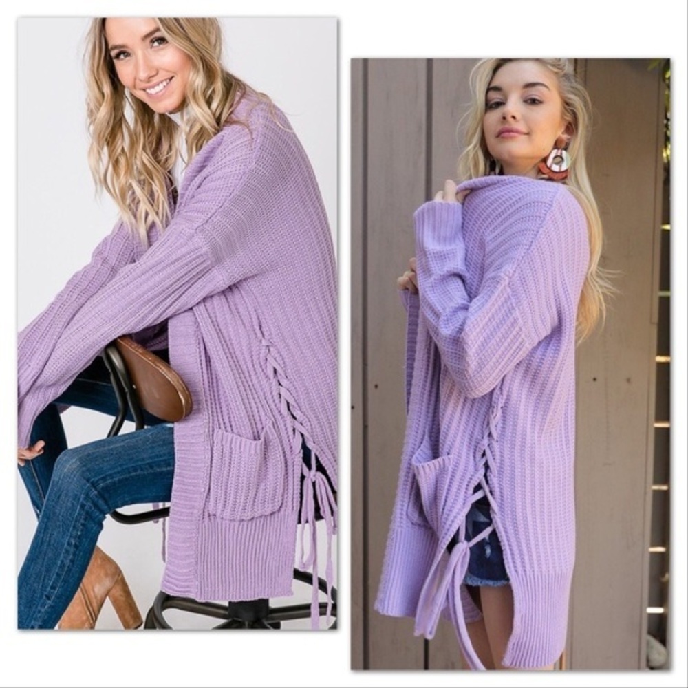 Pastel Purple / Lilac Open Front Cardigan with Lace Up Sides